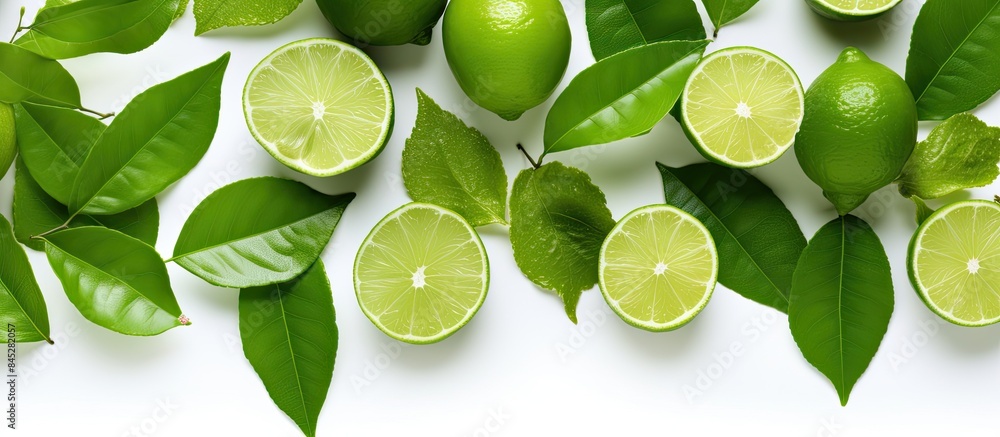Poster a close up top view image of fresh green limes and leaves isolated on a white background it captures