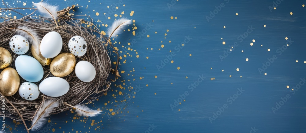 Poster a festive easter greeting card with a background featuring white and golden eggs quail eggs and feat
