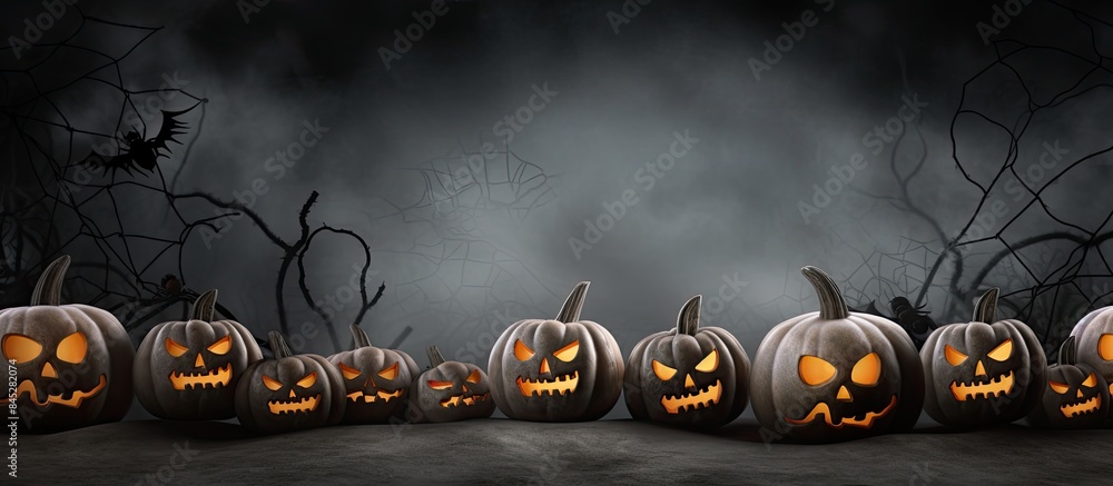 Poster a halloween themed greeting card with copy space featuring pumpkins shaped as ghosts set against a d