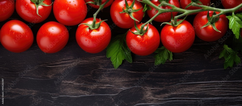 Aufkleber A top view image of fresh red cherry tomatoes on a branch placed on a kitchen table The image conveys the concept of growing vegetables and healthy eating Copy space is available