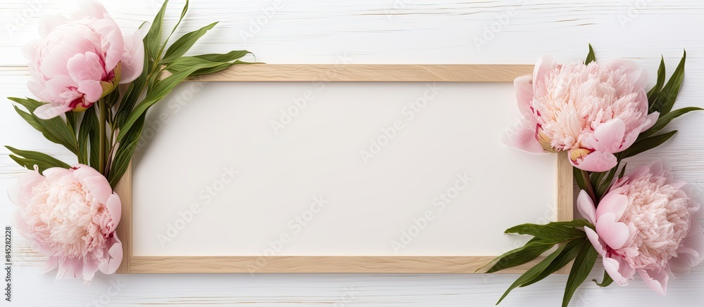Poster a white background hosts an empty wooden picture frame accompanied by fresh peonies this flower comp