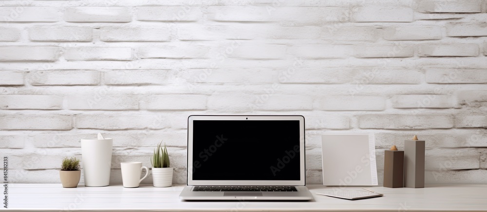 Fototapete a modern designer desk with a blank laptop smartphone supplies and other items there is a white bric
