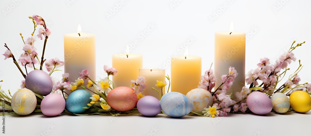 Aufkleber A festive Easter display with colorful eggs candles the Easter bunny and willow branches arranged on a white background Perfect for celebrating the Easter holiday and adding a touch of spring to your