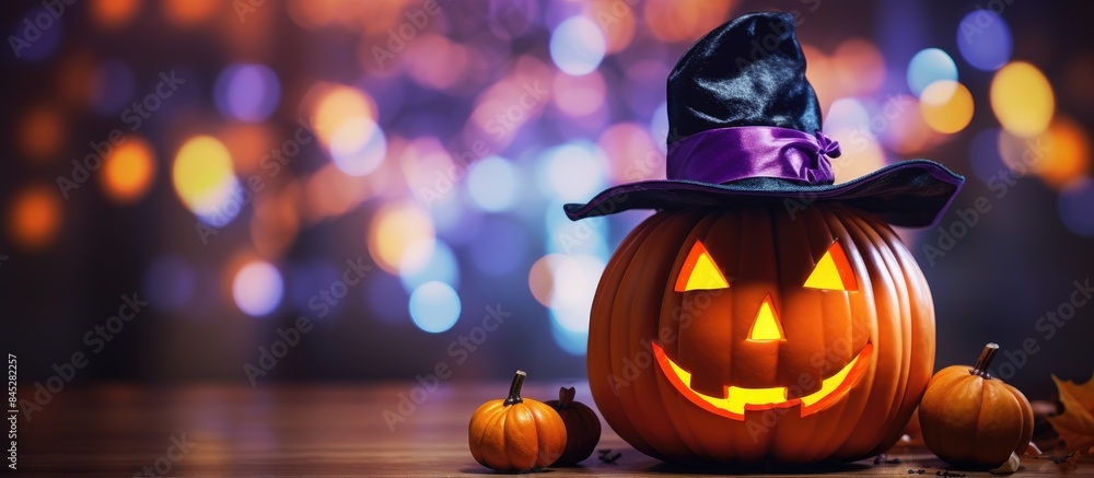 Poster a halloween themed image featuring a pumpkin with a hat stands out against a backdrop of vibrant and