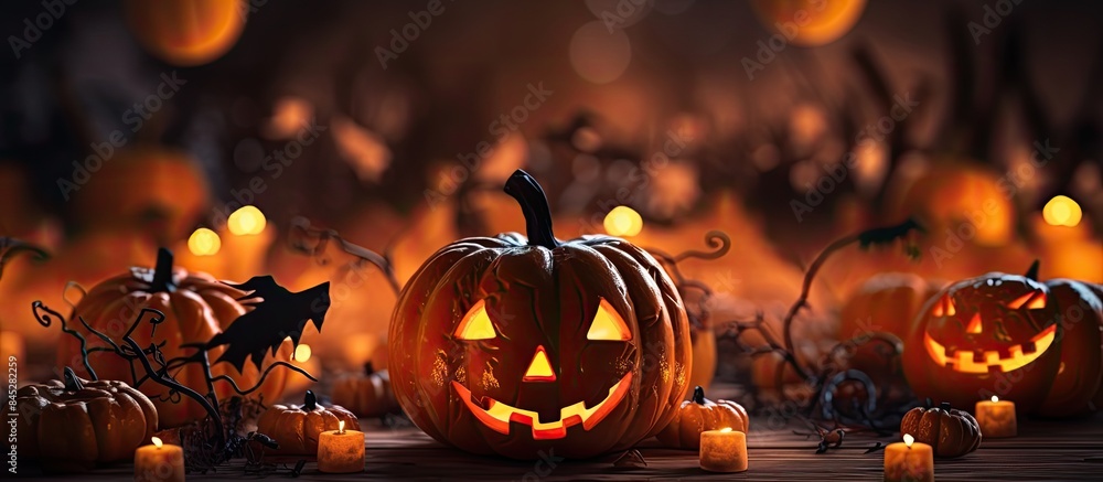 Poster Eerie Halloween atmosphere with a backdrop of an orange glowing bokeh and an assortment of spooky elements like pumpkins bats a cat and a ghost Perfect for a banner or adding text Copy space image