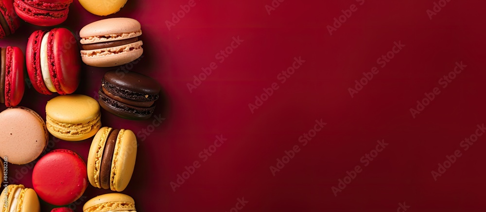 Aufkleber A vibrant assortment of macarons on a red backdrop creating a sweet and visually pleasing image with space for text This top down view captures the essence of a festive occasion. Creative banner