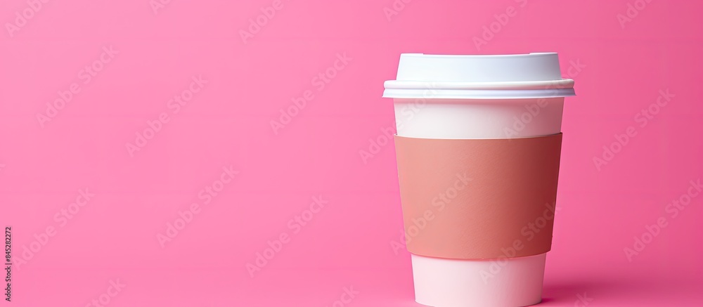 Aufkleber an eco friendly paper cup with a pink lid is placed in a pink framed image along with a supermarket 