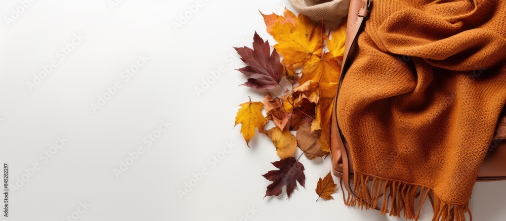 Poster a seasonal autumn concept featuring a top view of a suede bag cosy scarf and sweater and autumn leav