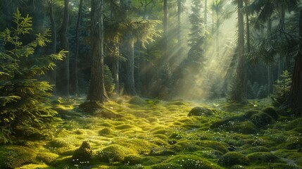 Obraz premium A tranquil forest scene with sunlight filtering through the trees, casting dappled shadows on the forest floor and creating a serene and rejuvenating environment for contemplation