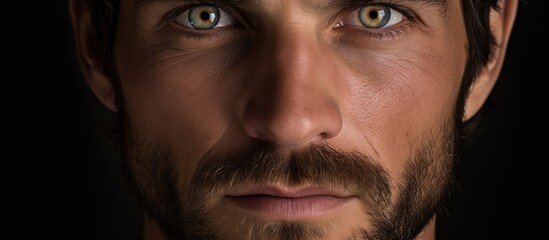 Obraz premium The close up portrait of a Caucasian man shows his rugged appearance with a thick layer of bristle and short stubble on his face The image is taken in a studio with a plain background leaving copy sp