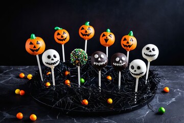 Obraz premium Colorful Halloween cakes with festive decorations on a dark background. Baby sweets on a stick for fun.