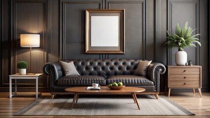 black sofa, retro wooden table, mock up gorisontal poster frame, decoration , carpet and personal accessories in elegant home decor
