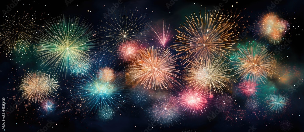 Poster Abstract patterns of colorful fireworks illuminate the night sky set against a black backdrop The long exposure captures their vibrant lightning effects creating a captivating copy space image for ca