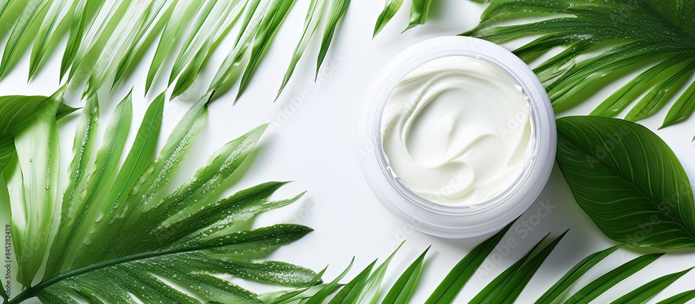 Poster A green scrub with gel like texture is seen on a white background along with green palm leaves The image also features a skin cleansing cream and enough space for additional content