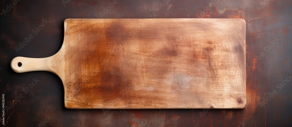 Poster a top down view of a rectangular vintage style cutting board with a handle and a wooden spoon the im