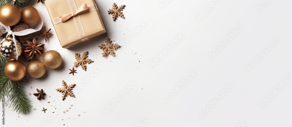 Aufkleber a festive flat lay view of a christmas present in a brown gift box surrounded by decorative elements