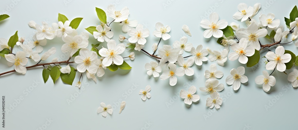 Poster A simple and artistic composition of white spring flowers and leaves representing the beauty of nature The image is taken from above with a flat lay perspective leaving space for additional content