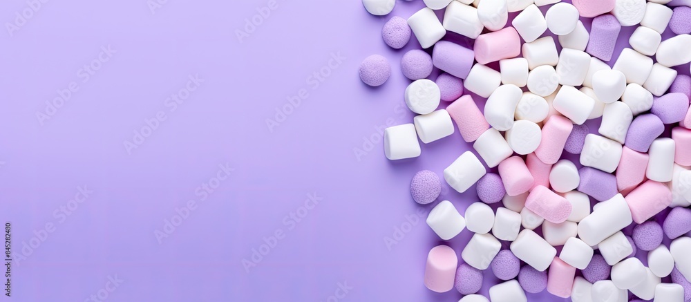 Poster A purple background displays a vibrant arrangement of colored marshmallows with a flat lay design The tabletop mockup provides ample copy space for customization