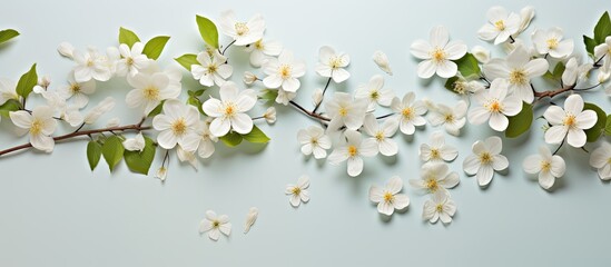 Obraz premium A simple and artistic composition of white spring flowers and leaves representing the beauty of nature The image is taken from above with a flat lay perspective leaving space for additional content