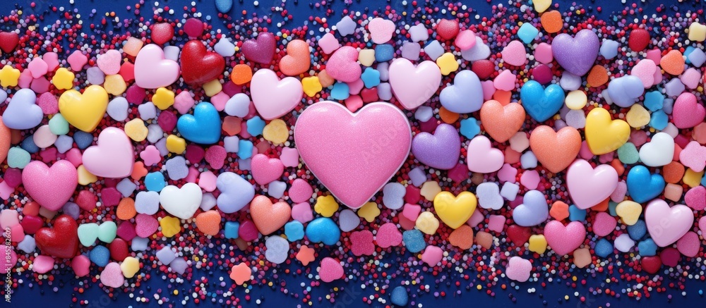 Aufkleber A colorful assortment of sweet sprinkles in various shapes such as hearts stars moon flowers round balls and sticks set against a vibrant backdrop Ideal for use as a copy space image 176 characters