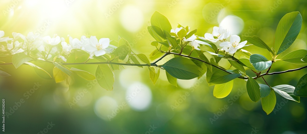Aufkleber a beautiful green natural background with blurred leaves white flowers bokeh and sunlight creating a