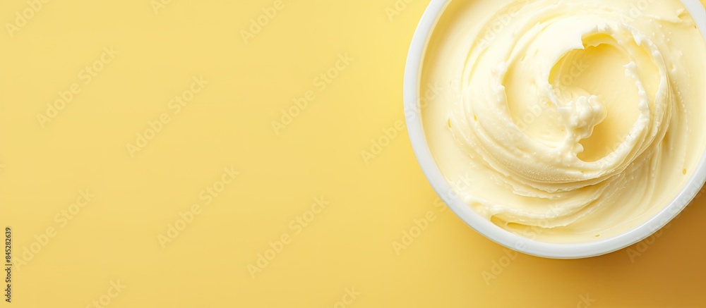 Poster top view of a copy space image featuring a background of scooped vanilla ice cream portraying a summ