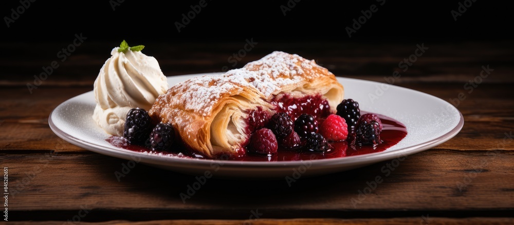 Poster a top view of a mouthwatering dessert consisting of strudel accompanied by a delectable berry jam an