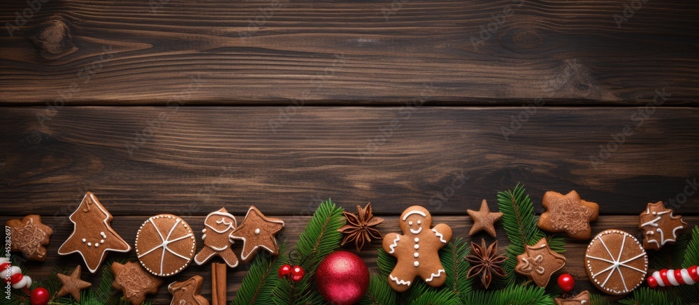Poster on a wooden table adorned with fir branches and red ilex there are gingerbread on a stick deer green