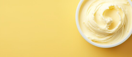 Top view of a copy space image featuring a background of scooped vanilla ice cream portraying a summer food concept The image showcases a texture reminiscent of sweet yogurt dessert or yellow ice cre