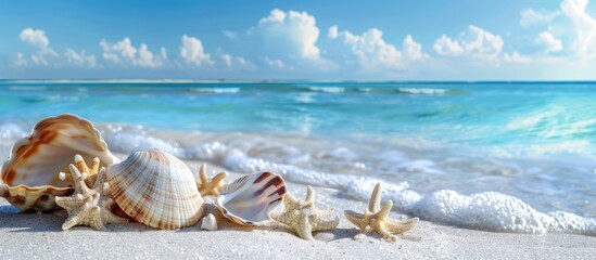 Travel and vacation scene with sea shells on sandy beach against a backdrop of blue ocean.