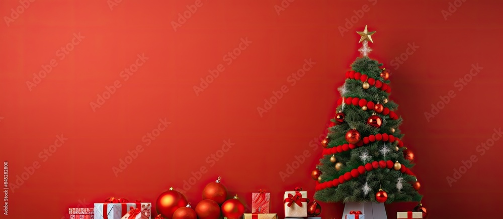 Poster a festive new year s decoration featuring a christmas tree surrounded by toys set against a vibrant 