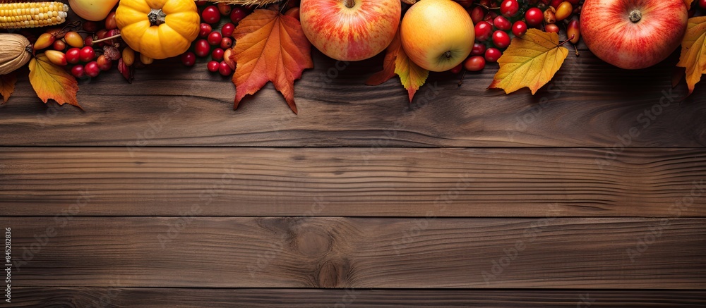 Aufkleber autumn maple leaves pumpkin apple corn and red berries beautifully arranged on a rustic wooden backg