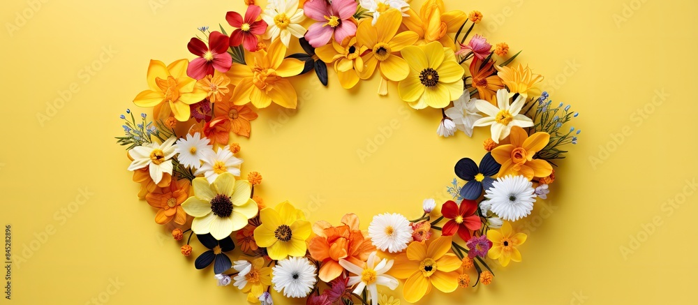 Leinwandbilder Spring flowers arranged in a vibrant circular shape against a yellow background creating a bright creative concept with empty space for text or images. Creative banner. Copyspace image