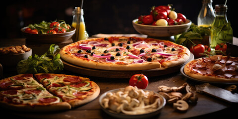 Assorted pizzas with fresh vegetables, tomatoes, and mushrooms on a wooden table, capturing the essence of Italian cuisine.