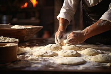 Baker kneading dough on a floured surface in a rustic bakery, preparing fresh bread. Warm, artisanal, handcrafted baking in progress.