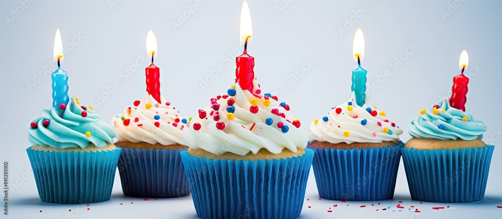 Aufkleber A festive cupcake with multi colored candles covered in blue glaze and bright decorations set against a white background providing ample copy space for an image