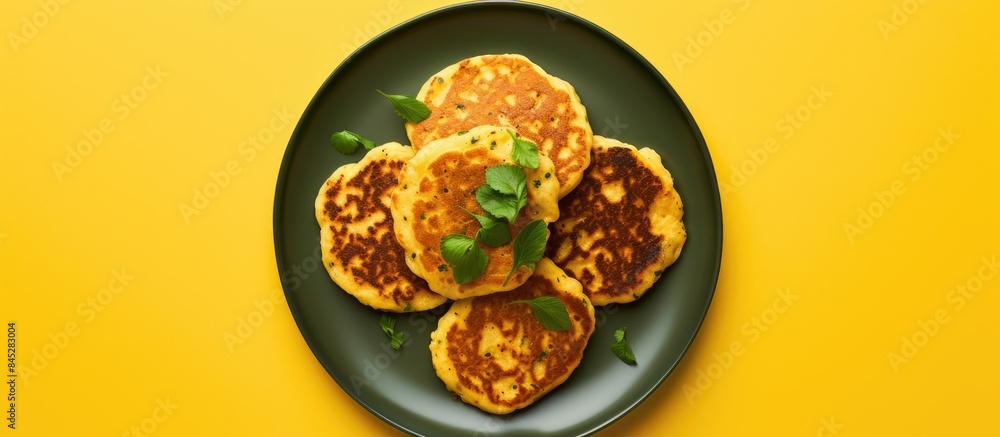 Poster a top view of vegan gluten free tofu cheese pancakes on a yellow plate against a yellow background w