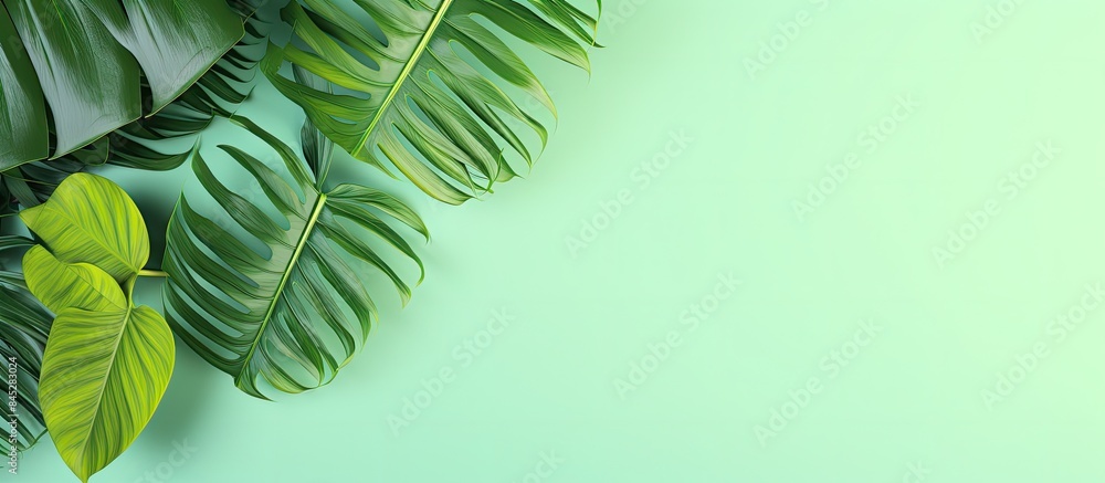 Poster minimal summer concept with a creative layout of green tropical leaves on a colored background this 