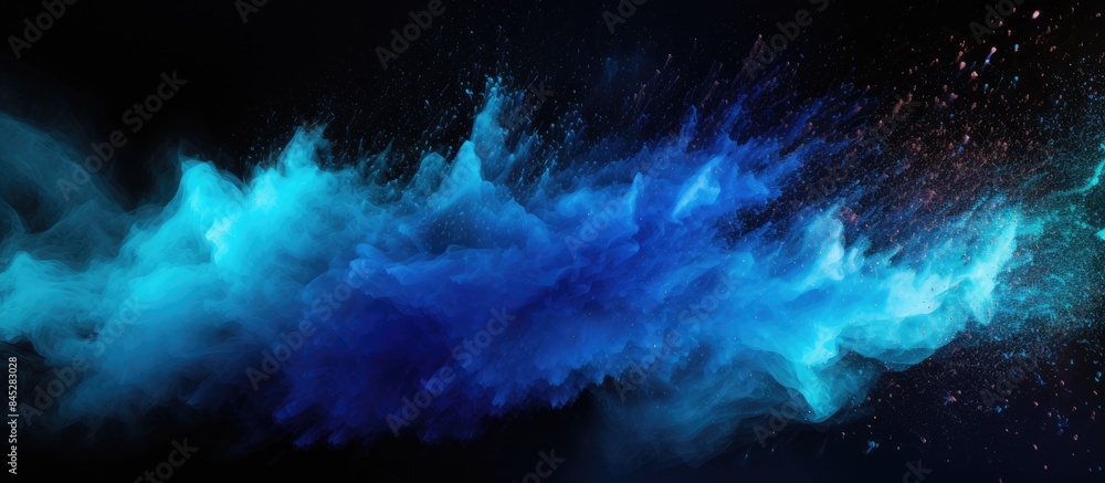 Aufkleber An abstract blue powder splatters in the background creating a freeze motion effect The color powder explodes resulting in a captivating burst of color and glitter against a black backdrop This copy