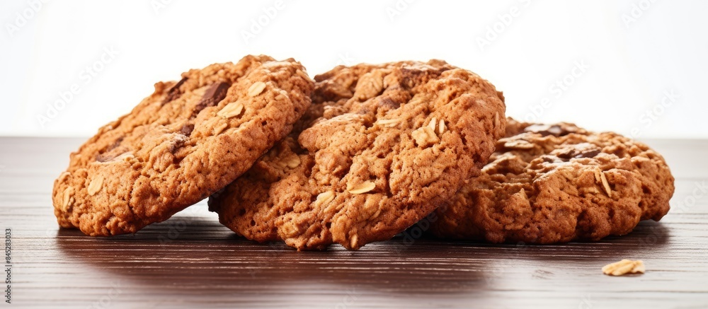 Poster a close up copy space image of three enticing dark brown oatmeal cookies placed on an earthenware su