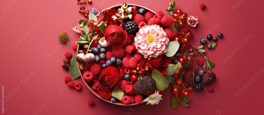 Aufkleber a festive arrangement of flowers and berries sits in a round red box on a white background it is pre