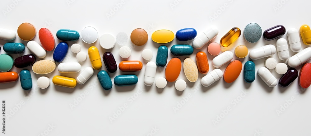 Poster high resolution product image featuring a top down view of a variety of pills with a focus on health