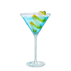 Blue angel cocktail in a glass goblet watercolor illustration. Hand drawn alcoholic drink on isolated background. For the menu and bar.