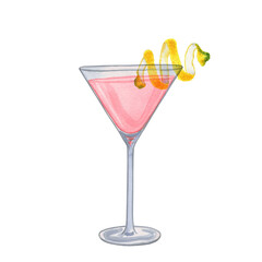Pink cocktail watercolor illustration. Hand drawn image of cosmopolitan alcoholic drink in a martini glass on an isolated background. For the bar and menu.