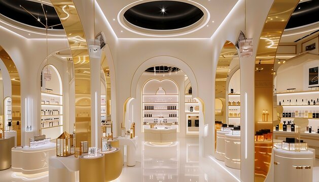 A white interior space of a luxury store for perfumes with arches white and gold background