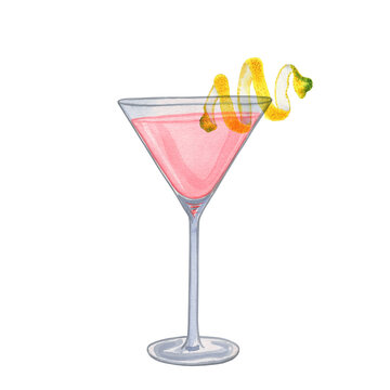 recommend clip art: Pink cocktail watercolor illustration. Hand drawn image of cosmopolitan alcoholic drink in a martini glass on an isolated background. For the bar and menu.
