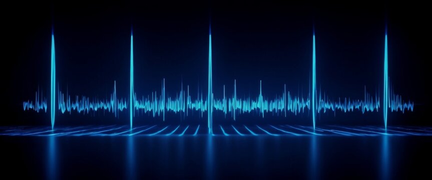 Soundwave visualization blue neon frequencies pulsing and rippli