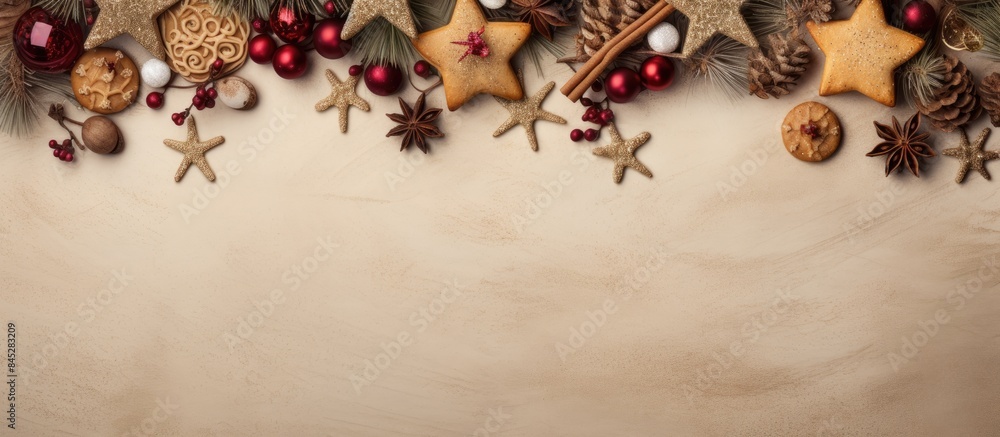 Poster A festive background for Christmas and New Year with a top down view of Christmas tree branches ornaments and cookies arranged on a beige surface offering ample copy space for additional elements
