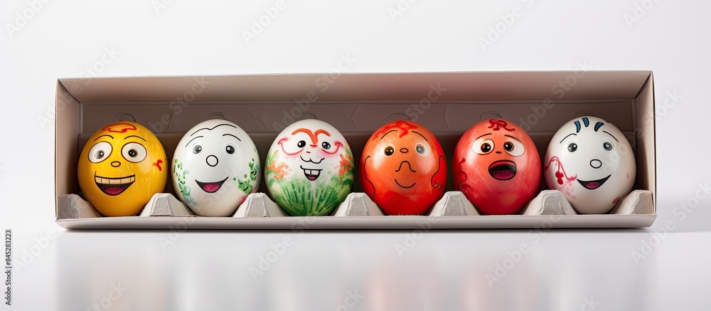 Poster Easter themed eggs with amusing facial expressions are arranged neatly in the packaging set against a white backdrop creating a playful and festive aesthetic copy space image