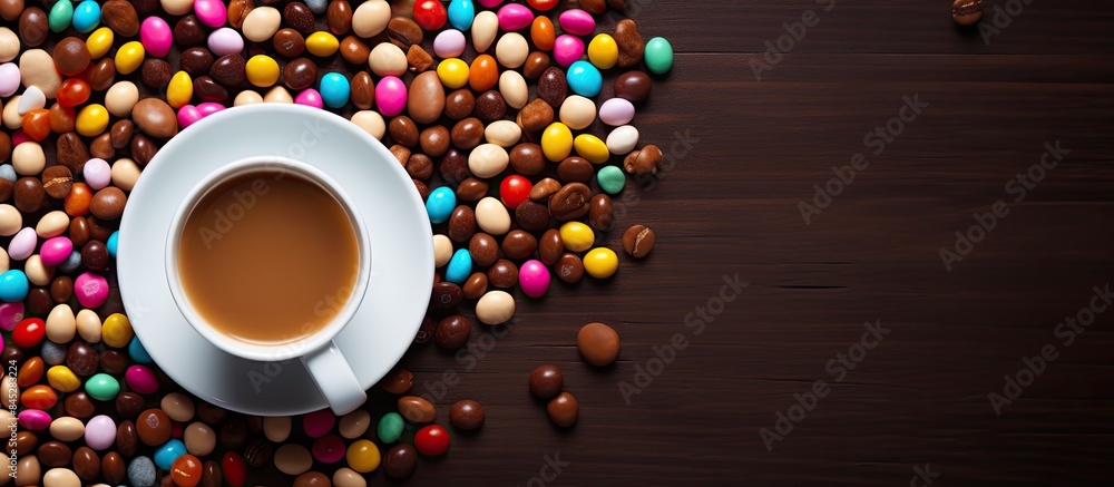 Fototapete A top down view of a coffee cup filled with chocolates and colorful candies placed on a table background that provides ample copy space for adding text or images